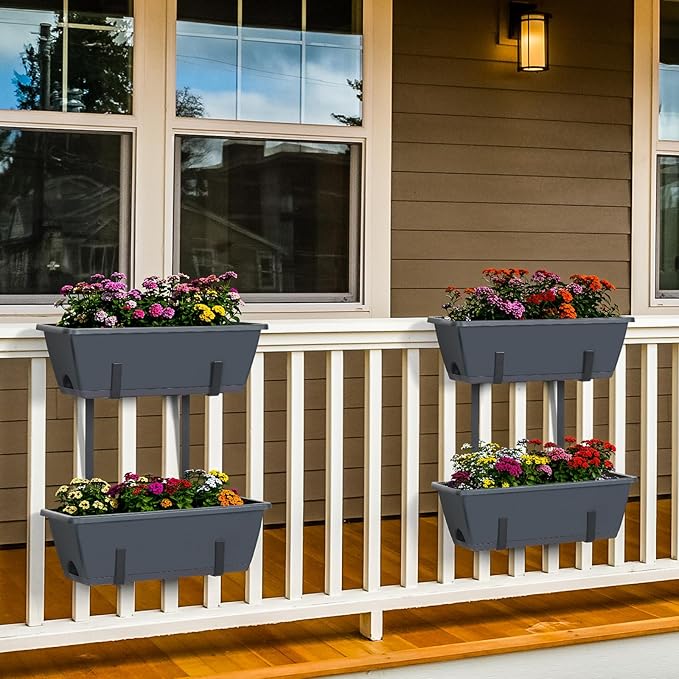 Deck Railing Planter Boxes 2 Tier Grey Window Boxes Planters Set of 2 with 4 Pack Rectangular Planter 16.9 Inch Outdoor Balcony Hanging Planters with Adjustable Brackets for Garden Porch Patio