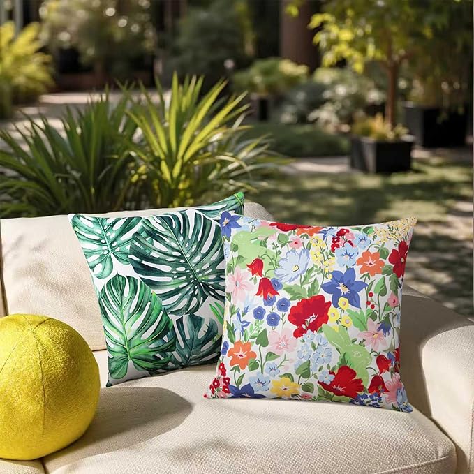 Adabana Spring Outdoor Waterproof Floral Pillow Covers Set of 2 Square Colorful Couch Cushion Cases 16x16 Inch Waterproof Decorative Pillows for Patio Garden Beach,Colorful