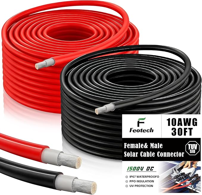 Twin Wire Solar Extension Cable 30FT - 10AWG (6mm²) Solar Panel Tinned Copper Wire for Outdoor, Automotive, RV, Boat and Marine Use - Black & Red