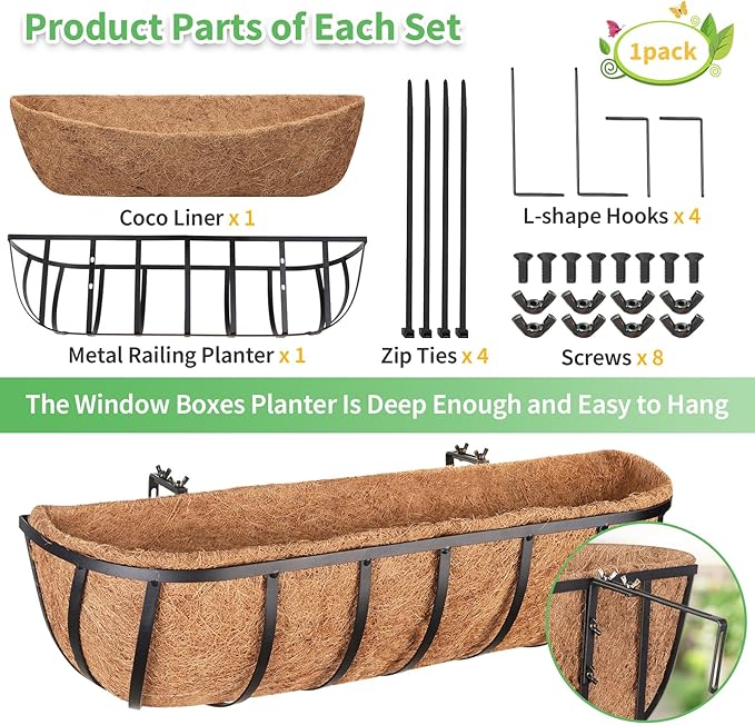 Legigo 2 Pack 24 Inch Window Boxes Railing Planter Box with Coconut Liner, Balcony Railing Planter Horse Trough Deck Window Planters, Metal Railing Hanging Flower Baskets for Outdoor Porch Fence Patio