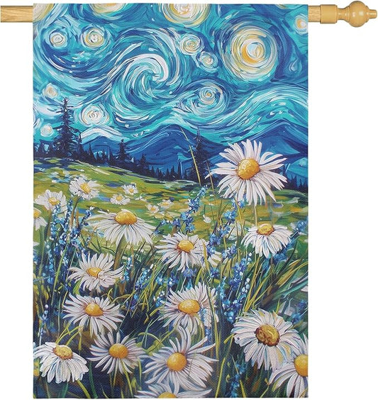Spring Daisy Large Garden Flag Starry Night Van Gogh Style House Banner Vibrant Floral Meadow Landscape Seasonal Welcome Yard Flags for Summer Patio Lawn Porch Farmhouse Decor 28x40 Inch