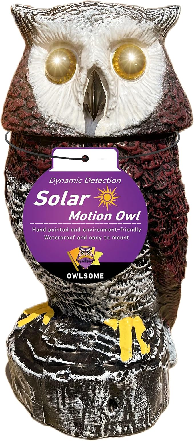 Owlsome Solar Red Owl with Flashing Eyes, Rotating Head, Hooting, Motion Detector and Silent Mode, Plastic Owl Garden Sculpture, Garden Decoration