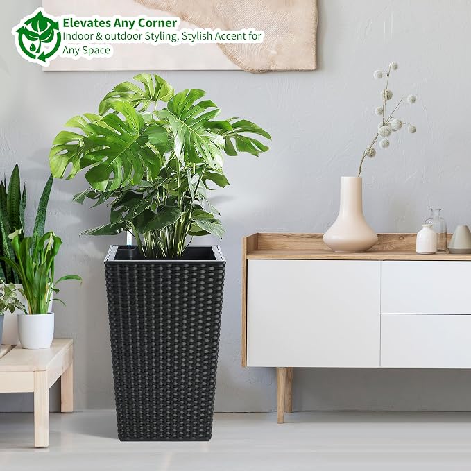 Garvee 16 Inch Tall Planters Set of 4, Self Watering Planters for Outdoor Indoor Plants with Drainage & Water Level Indicator, Tall Flower Pots for Front Porch, Patio, Balcony & Entryway