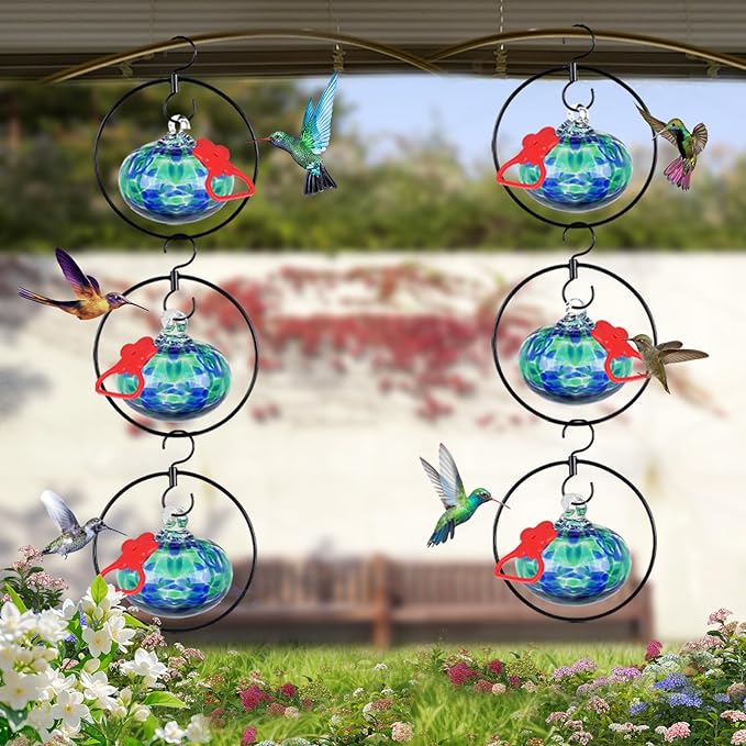 Headak Life 6 Pack Circular Hummingbird feeders for Outdoors Hanging,Hand Blown Glass Hummingbird Feeder with 6 Adjustable Silicone Perch,Never Leak,Gardening Gifts for Woman Man(Blue)
