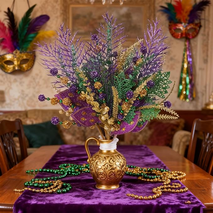 6 PCS Mardi Gras Picks Decoration, 19 Inch Large Glitter Purple Green Gold Floral Pick for Vase Filler, Table Centerpieces, Tree & Wreath DIY, Carnival Picks and Sprays Decor