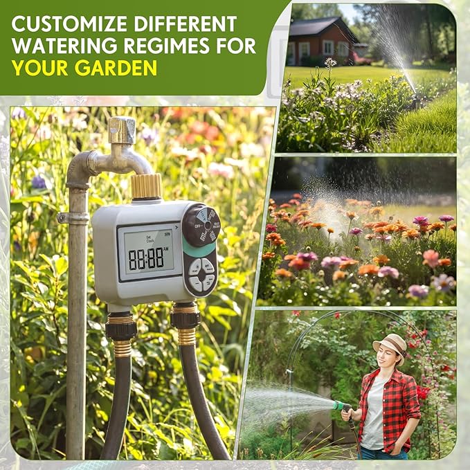 Kingdder Sprinkler Timer for Yard with Brass Inlet and Outlet Watering Timer for Garden Hose Timers Automatic Irrigation System with Rain Delay/Manual/ IP54 Waterproof(2 Outlet)