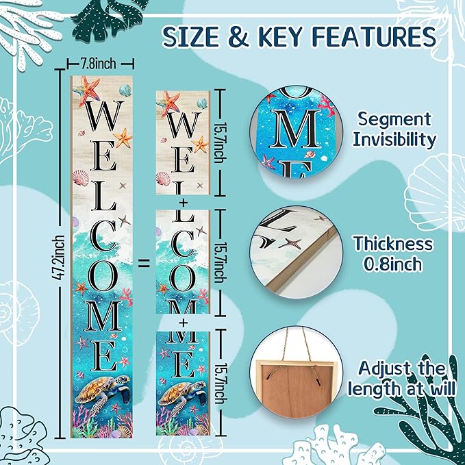 Sea Turtle Welcome Sign for Front Door, Beach Outdoor Porch Sign Home Decorations Standing Yard Sign Seasonal Wood Door Sign for Garden Tall Summer Welcome Vertical Signs for Patio Wall