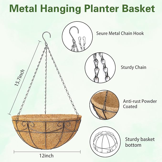 4 Pack 12 Inch Hanging Baskets for Plants Outdoor - Metal Hanging Planters for Outdoor Plants with Coco Liners - Heavy Duty Empty Hanging Flower Pots for Porch Patio Garden