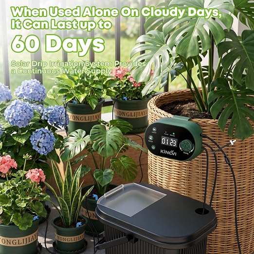 Solar Drip Irrigation System Kit, Auto Watering Kit for 15 Pots, 3W Solar Powered Auto Easy DIY Watering Device,22 Timing Modes with with Anti-Siphoning Device & Buckets and Flower Pots