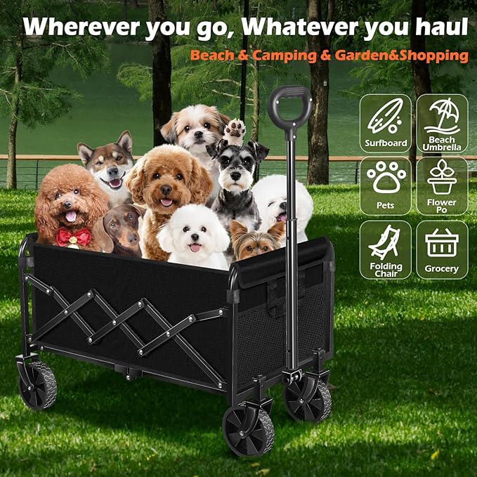 Wagons Carts Foldable, Collapsible Wagon, Foldable Wagon Cart with Wheels, Folding Wagons for Beach Camp Sports Garden, 2 Cup Holders/Lightweight Portable/Black/360 LBS