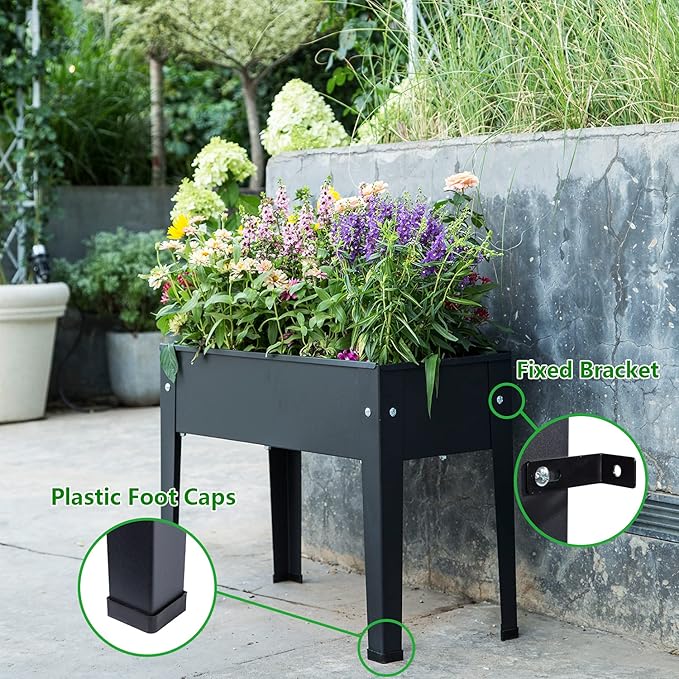 Piksedo Raised Garden Bed, Elevated Planter Metal Plant Box with Legs Standing Garden Stand Drainage Holes Frosted Black