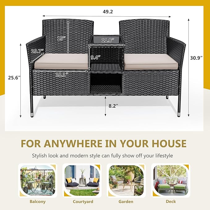 Flamaker Outdoor Furniture Patio Loveseat Wicker 2-Seat with Built-in Table and Cushions Rattan Porch Chairs Bench for Balcony, Lawn, Backyard (Beige)