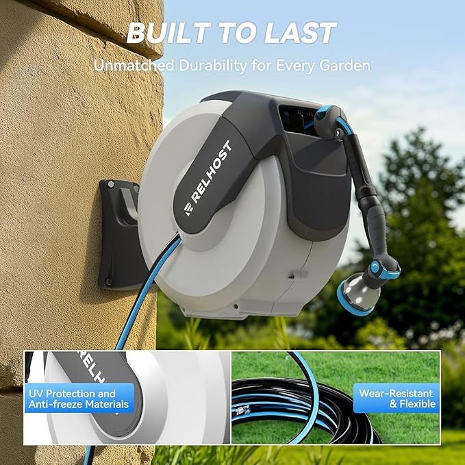 Relhost Retractable Garden Hose Reel, 1/2 in x 100 ft Wall Mount Heavy Duty Hose Reel with Any-Length Lock, Auto Rewind System, 180° Swivel Bracket, and 10-Pattern Nozzle for Garden, White & Grey