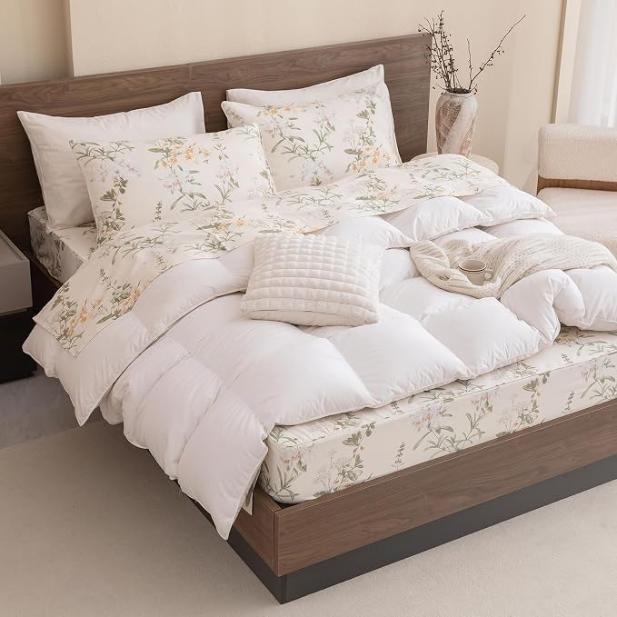 QSH Floral King Size Sheet Sets - 100% Egyptian Cotton Floral Bedding Sheets Yellow Green Leaves Flower Pattern Printed Bedding King Size Bed Sheets 17.5" Extra Deep Pocket 4pcs