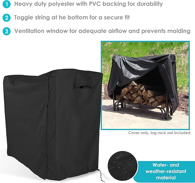 Sunnydaze 5-Foot Firewood Log Rack Cover - Weather-Resistant Outdoor Heavy-Duty Polyester with PVC Backing - Black