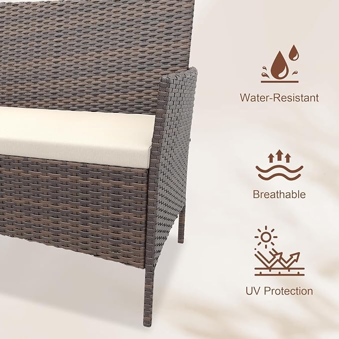 4-Piece Outdoor Furniture Set, PE Rattan Wicker Chairs with Soft Cushions & Tempered Glass Coffee Table - All-Weather Patio Set for Garden, Backyard, Porch, Poolside (Gradient Brown/Beige)