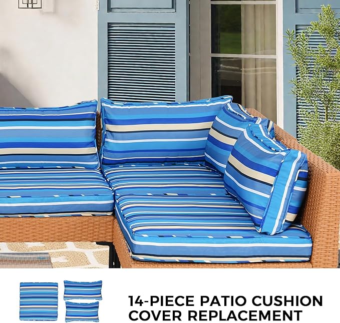 14 Piece Outdoor Patio Cushion Covers Replacement Waterproof with Zipper for 6-Seater Sectional Couch Chair Patio Furniture Conversation Sofa Seat Cushions Slipcovers Set, Only Cover