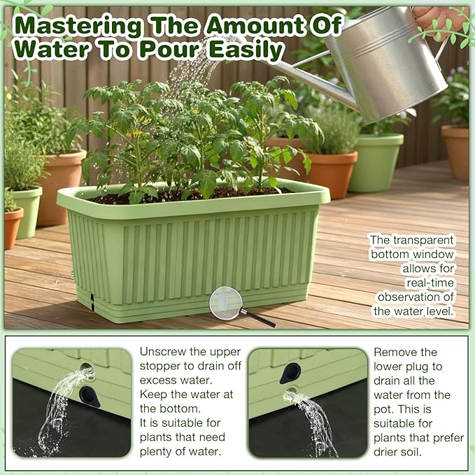 3 Pcs Large Planter Boxes Deep Rectangular Planter Boxes Outdoor Lightweight Plastic Planting Flower Pot with Drainage Holes Plant Pot for Patio, Courtyard, Lawn, Outdoor(Green,28 Inches)