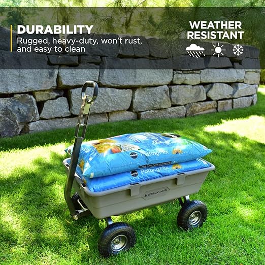 Gorilla Carts Heavy-Duty Poly Dump Cart, 5 Cu Ft Tub, 800 lb Haul Capacity, Gray – Towable Utility Wagon with Quick-Release Dumping & Pneumatic Tires for Yard, Landscaping and Gardening