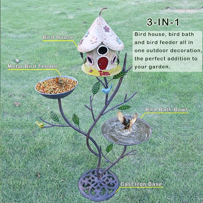 39" H Cast Iron Pedestal Bird Bath, Bird Baths for Outdoors with Metal Bird House Bird Feeder 3-in-1, Garden Yard Lawn Decor