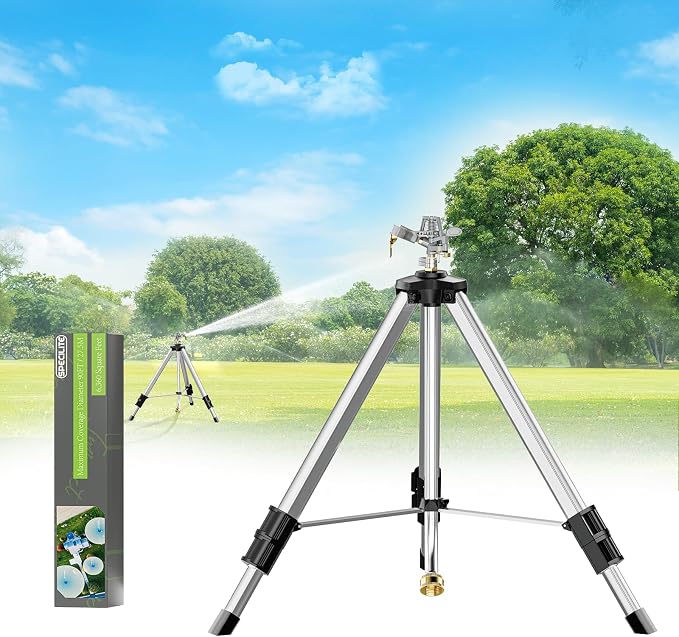 SPECILITE Brass Impact Sprinkler on Tripod Base, 50” Heavy Duty Metal Pulsating Telescoping Sprinkler, 360 Degree Irrigation for Large Area, Yard, Lawn, Waters up to 90ft, Covering up to 6360sqft