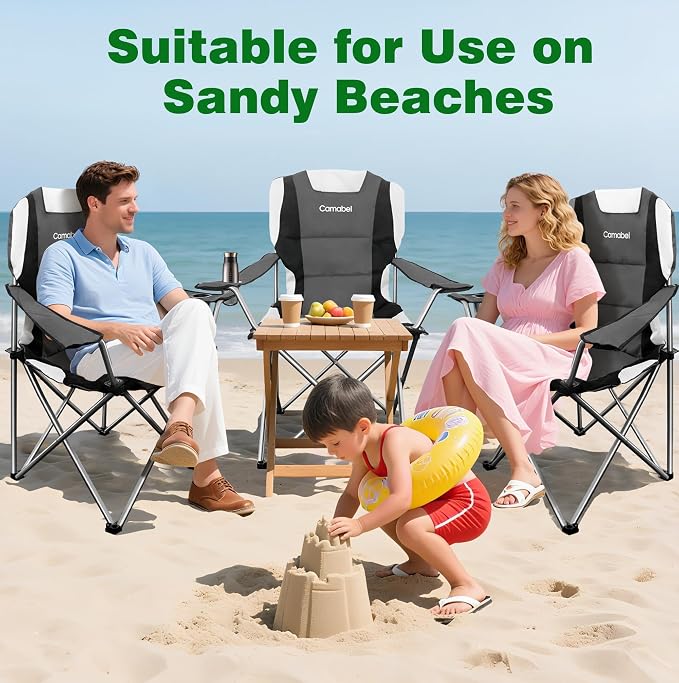 Camabel Folding Camping Chairs Oversized Heavy Duty 400 LBS Sturdy Beach Chair Portable Outdoor Lawn Chairs High Padded Back with Cup Holder Carry Bag for Sporting Hiking Picnics Fishing Concerts Grey