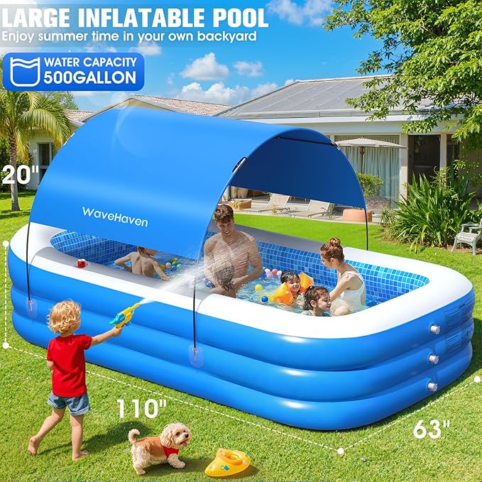 2026 Inflatable Pool with Canopy,Upgraded Blow Up Pool for Adults&Kids,Large Inflatable Pool with Seat and Big Backrest,Kiddie Pool with Shade,Kid Swimming Pool for Backyard 110"x63"x20"Blue