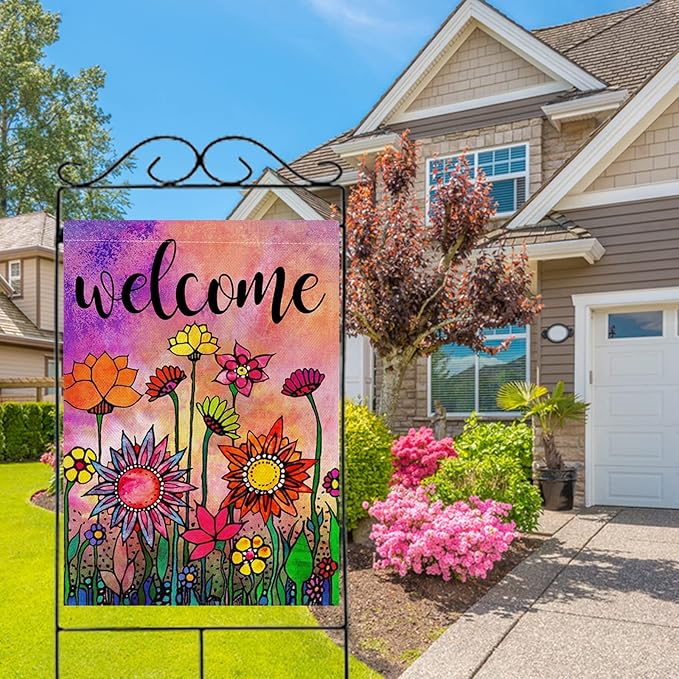 Hzppyz Welcome Spring Summer Watercolor House Flag Double Sided, Flowers Decorative Garden Yard Lawn Outdoor Large Burlap Flag Vintage Sunflower Decor Farmhouse Seasonal Outside Decorations 28 x 40