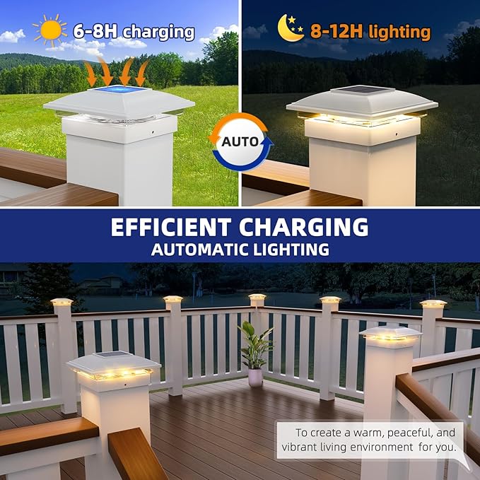 APONUO 12 Pack Solar Post Cap Lights, 2 Modes(Warm/Cool Light) Outdoor Waterproof Fence Post Solar Lights, Solar Powered Garden, Patio, Deck Decor for 4x4, 5x5, 6x6 Wood & Vinyl Posts, White