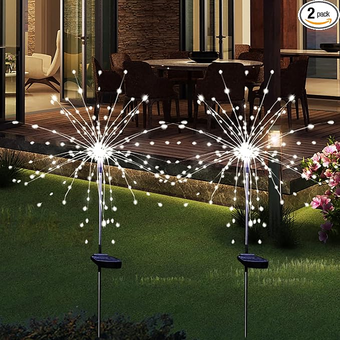 Solar Garden Firework Lights Outdoor Waterproof, 2 Pack Solar Powered Art Stake Twinkle Lighting for Outside Decor, 120 LED Sparklers String Lights for Yard Pathway Decorations(White)