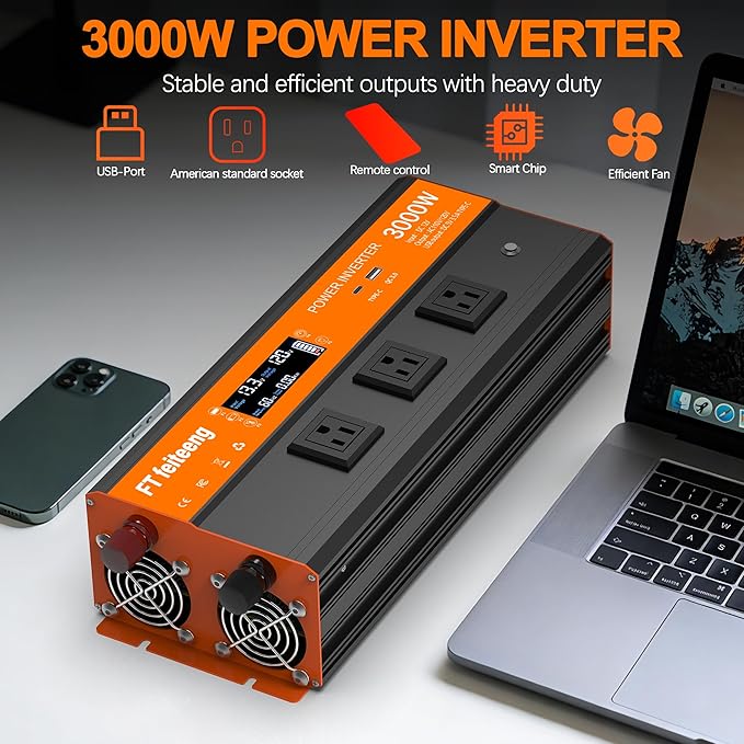 3000W Power Inverter, 12v DC to 120v Ac Inverter, Power Inverters for Vehicles with LCD Display, 3AC Sockets and USB-C & QC 3.0 Port with Remote Control for Camping Home Truck Rv Solar System