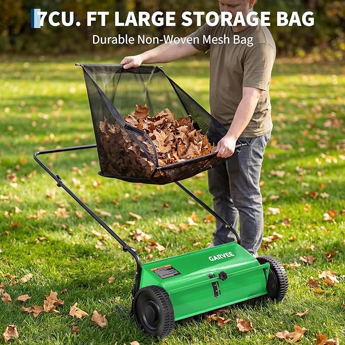 26 Inch Push Lawn Sweeper, 7 Cu. ft Grass Cutter, 4 High-Speed Spinning Brushes, Durable Steel Construction, Walk-Behind Leaf & Grass Collector for Yard Cleanup