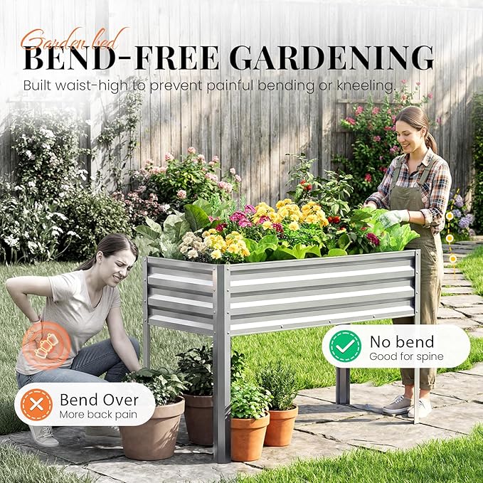 KING BIRD Large Raised Garden Bed with Legs Galvanized Elevated Planter Box 48×24×32 in for Backyard, Patio, Balcony, 400lb Capacity, Silver