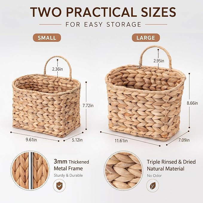 Wicker Hanging Basket Set of 2, Woven Hanging Wall Basket, Natural Water Hyacinth Wall Mounted Storage Basket for Front Door, Entryway, Mail, Flowers, Plants, Farmhouse Decor