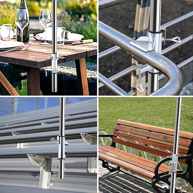 Outdoor Umbrella Clamp, Stainless Steel Deck Umbrella Mount, Adjustable Umbrella Deck Mount with Umbrella Hook Accessory Mount to Picnic Table, Bleachers, Railing (Silver)
