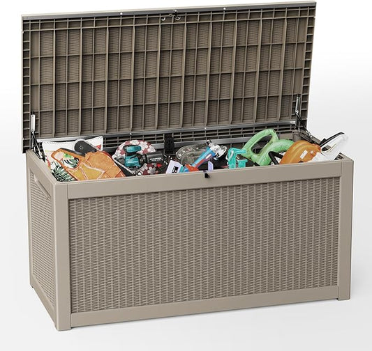 260 Gallon Deck Box, Waterproof Resin Outdoor Storage Box Lockable for Patio Furniture, Fade Resistant Patio Side Table & Organizer for Garden Tools, Pool Float, Outdoor Cushions, Light Coffee