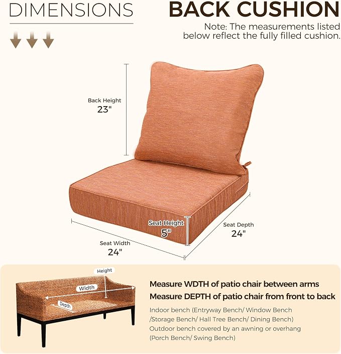 Art Leon 24 x 24 Outdoor Seat Cushion 30D High Density Foam Patio Chair Cushions with Non-Slip Backing Patio Cushions for Patio Furniture Porch Swing Garden Bench Camping Stadium Orange