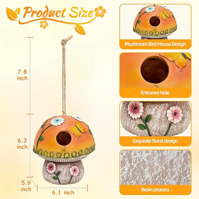 Smadeer Solar Birdhouse for Outdoor Hanging, Mushroom Bird House with Lights Outside, Resin Garden Statue Decorative Nesting Box for Chick Blue Bird Hummingbird Woman Gifts for Yard Patio