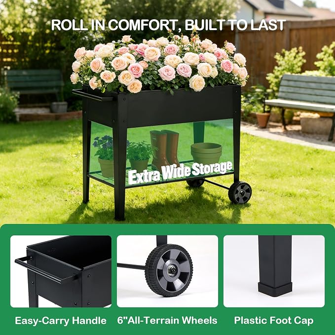 31.5" Tall Raised Garden Bed with Wheels, Extra 15.7" W Planter Box (400 lbs Loads) with Storage Shelf & Handle,Heavy Duty Metal Garden Planter for Vegetables, Herbs & Flowers, Patio & Balcony