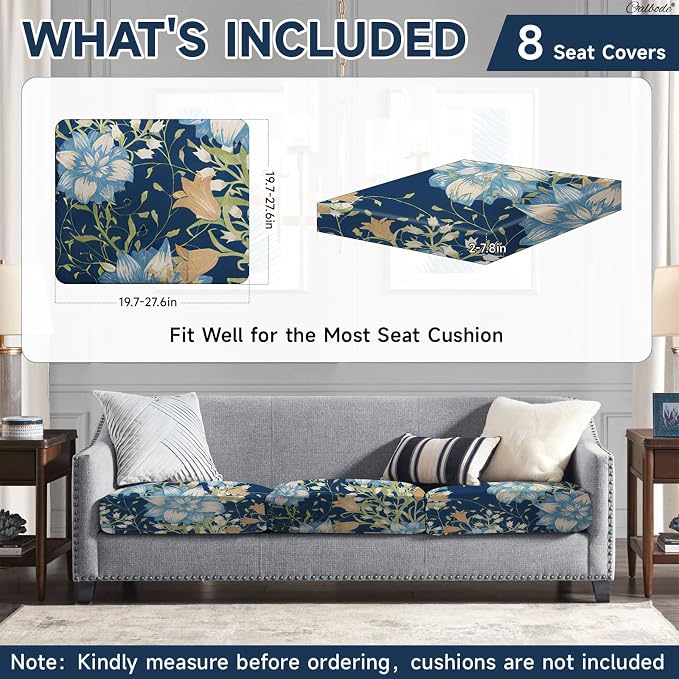 CALBODE 8Pcs Stretch Patio Cushion Cover, Printed Couch & Sofa Slipcovers for Patio Furniture Cushions Washable Reusable Couch Covers Replacement for Autumn Winter (Dark Blue Floral, Cover Only)