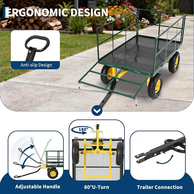 Heavy Duty 1500 Lbs Capacity Mesh Steel Garden Cart Folding Utility Wagon with Removable Sides, Garden Cart on Wheels for Gardening Soil, Tools, and Plant Transport