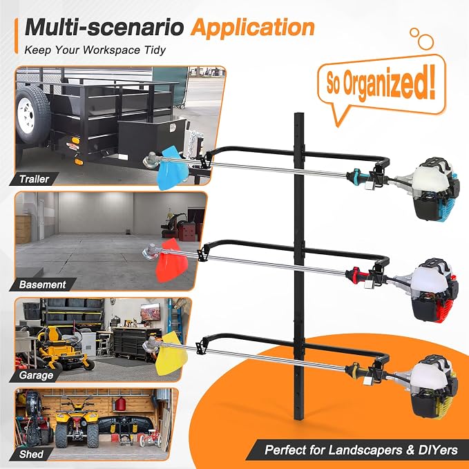 CAROD 3 Place Weed Eater Rack, Mount On Landscape Truck Trailer Enclosed Trimmer Rack Holder, Open and Enclosed Trailers Tool with Locks, Wall Mounted Lawn Equipment Accessories, Black