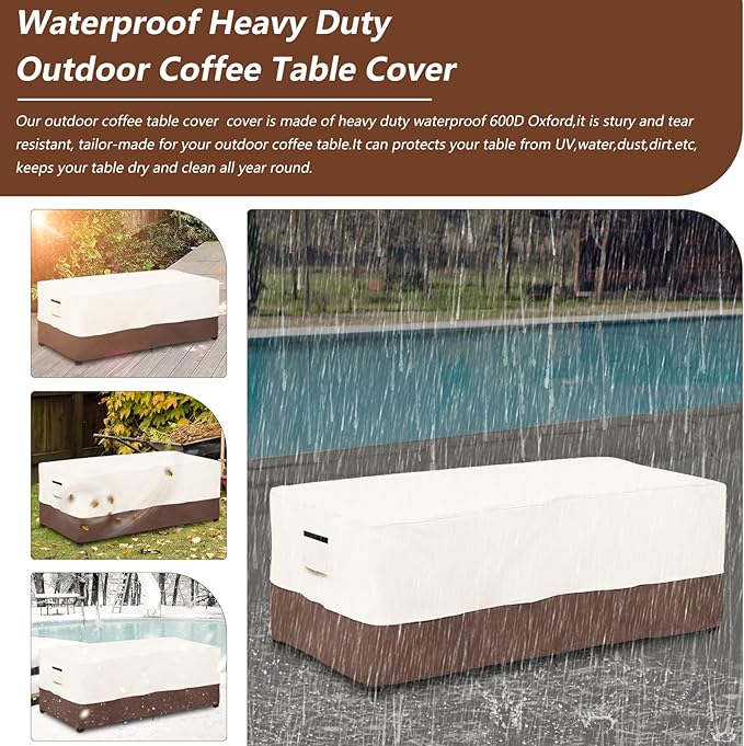 Outdoor Coffee Table Cover Waterproof - 600D Heavy Duty Outdoor Tables Cover,Patio Rectangular Side Table Covers,UV & Weather Resistant(28" Dx48 Lx16 H,Beige&Brown)