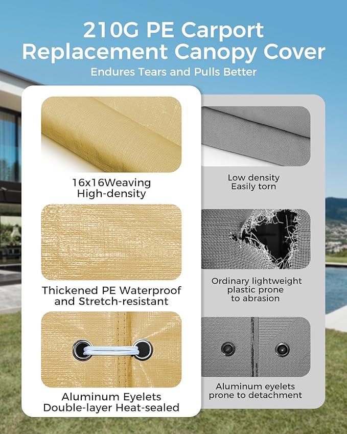 10x20 FT Heavy Duty Carport Replacement Canopy Cover, Durable Waterproof Tarp Shelter Top for Car, Garage, or Outdoor Use, Beige Color with Ball Bungees for Secure Fit