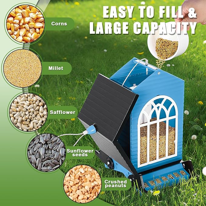 Gbekery Squirrel Proof Bird Feeder for Outdoors,5LB Large Capacity,Metal Wild Bird Seed Feeder with Bilateral Weight-Activated Perches for Outside Hanging,Garden Decoration,Blue