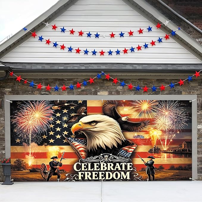 7 * 16FT Summer Garage Door Cover Decorations Sunset Palm Trees Garage Door Banner for Outdoor Indoor Summer Party Photography Backdrop (celebrate freedom, 7 * 16 ft)