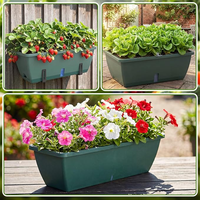 8 Pcs 24 Inch Plastic Flower Window Box Planter with Water Absorbing Net Drainage Holes & Visible Water Level Window, Rectangular Vegetable Flower Pots for Indoor Outdoor (Green)