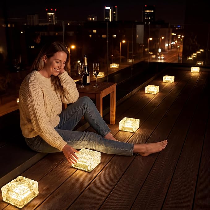 Solar Powered LED Acrylic Brick Lights, Multicolor Water Ripple Design, Waterproof In-Ground Landscape Path Lights for Outdoor Garden Patio Walkway (Warm)