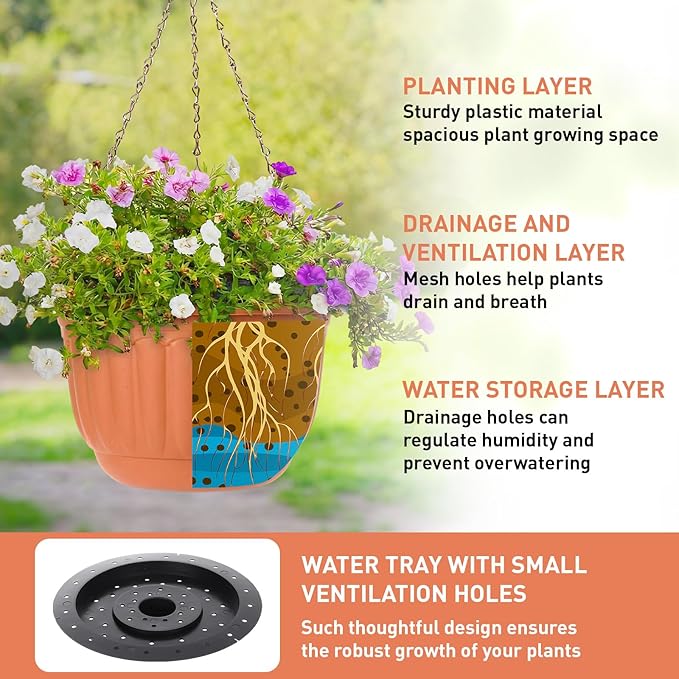 12 Sets Hanging Planters for Indoor and Outdoor Plants Self Watering Hanging Basket Flower Pots Plastic Plant Pots with Drainage Hole and Absorbing Tray(Terracotta,10 Inch)