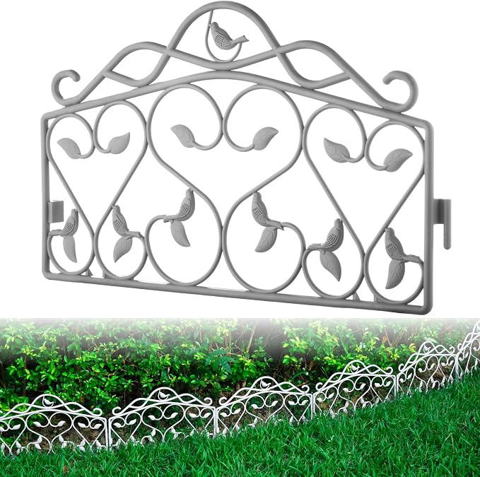 Evelyne Decorative Garden Border Plastic Edging – PP Plastic, Short Metal-Free Faux Wrought Iron Leaf & Bird Design, 16pcs Yard Landscaping Fence Liner Lawn Edge Barrier, 20ft Kit of Decorative Panels